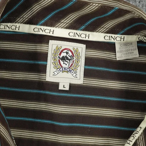 Cinch Shirt Mens Large Brown Blue Striped Western Button Front Cotton Casual - Picture 4 of 8